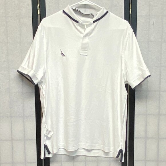 Nautica Short Sleeve Striped Band Collar Sleeve 2 Button Polo Shirt White Navy L - Picture 5 of 12